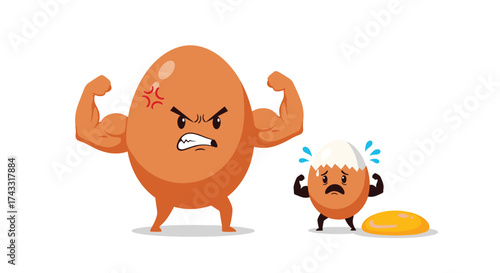 A powerful egg flexes its muscles while a smaller scared egg watches its yolk spread.