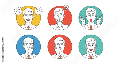 Illustrations of men's facial expressions in circular frames showcasing a variety of emotions.