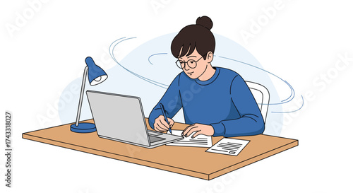 A young student diligently studies at her desk with a laptop and lamp.
