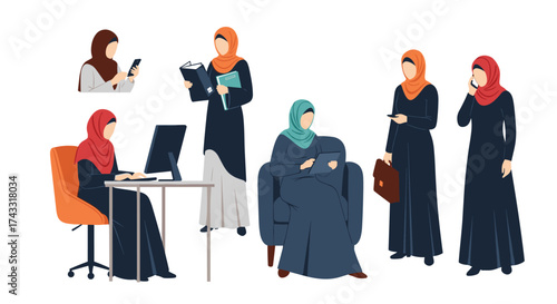 Diverse group of Muslim women working and communicating together in a modern office environment.