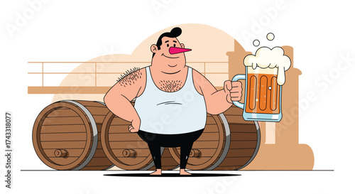 A burly man with a mustache holding a frothy mug of beer in front of wooden barrels.