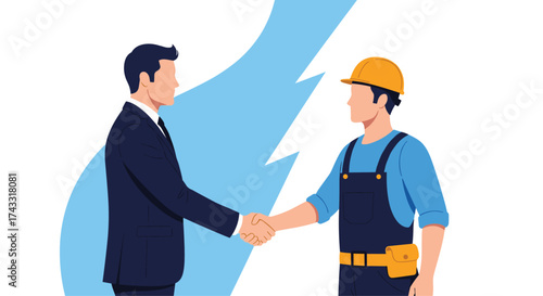Business professionals and blue collar workers shaking hands during a partnership agreement.