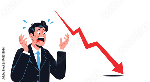 A businessman looks distressed as a sharp red downward trending graph indicates financial loss.