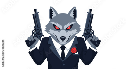 A fierce wolf wearing a sharp suit and holding two pistols. A gangster with a red rose in his lapel.