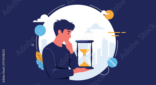 Man looking at an hourglass symbolizing the passage of time and contemplation.