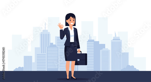 Successful businesswoman giving a confident ok sign with a briefcase in front of a city skyline.