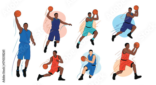 Collection of diverse male basketball players in various action poses.