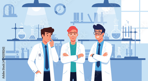 Three scientists in white coats stand in a laboratory with beakers and equipment behind them.