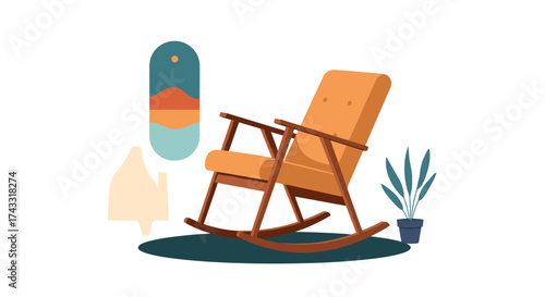 Cozy rocking chair in a modern living room with plants and decor.