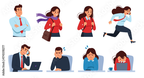 Collection of diverse people experiencing various negative emotions and stressful situations.
