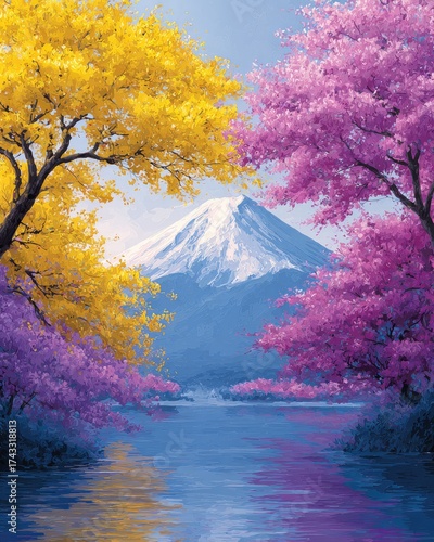 Mountain, vibrant trees, and serene lake