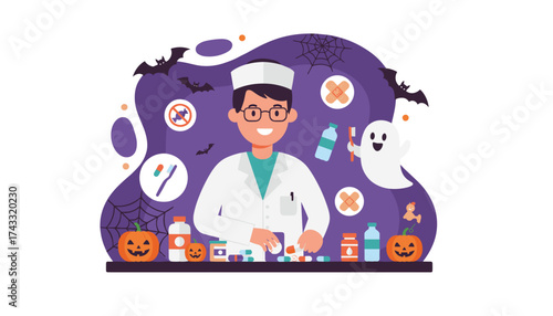 Friendly doctor promotes healthy Halloween habits emphasizing dental care and wellbeing
