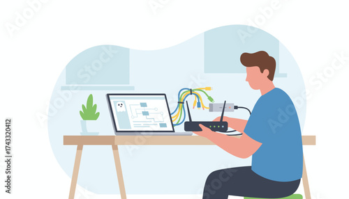 Man configuring network router and laptop for internet connection security or IT support concept