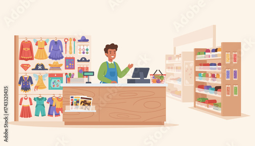Smiling shop assistant ready to help customers in a vibrant costume and craft store