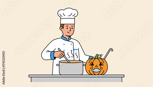 Chef preparing pumpkin soup for Halloween Seasonal cooking and holiday celebration