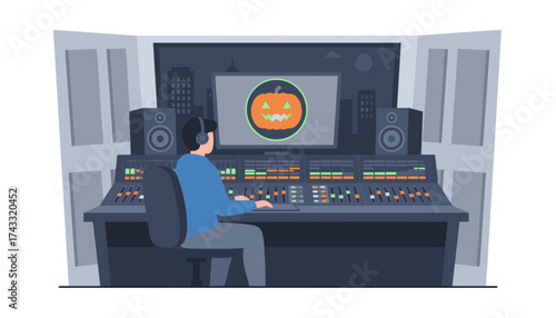 Audio engineer creating Halloween content in a professional recording studio