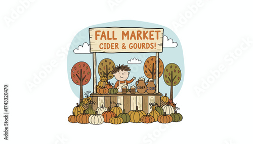 Happy child selling fresh apple cider and pumpkins at a vibrant fall market stall