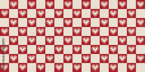 abstract square seamless pattern with cute  heart. Retro floral red background surface design, textile, print, wrapp paper, cover. vector art illustration.