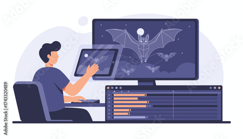 Creative professional designing animation on desktop and tablet Digital content creation concept