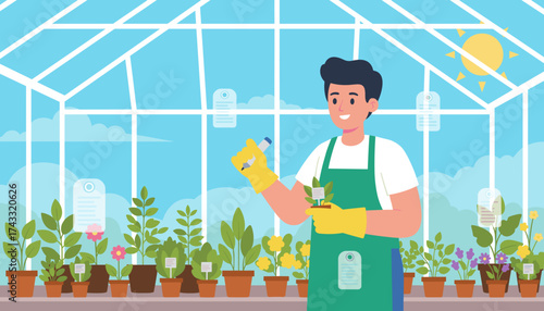 Happy gardener man in a sunny greenhouse tending to potted plants showcasing growth and care
