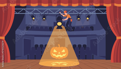 Spooky jackolantern gets spotlight on an empty theater stage prepared for Halloween
