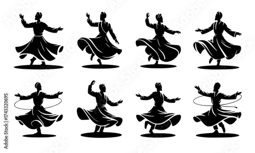 Sufi Whirling Dervish Silhouette Vector Set — 08 Spiritual Dance Icons in Black Solid Style