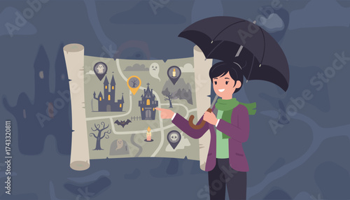 Smiling woman with umbrella points at spooky Halloween map guiding a haunted tour concept