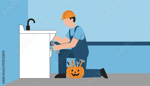 Plumber fixing a sink using tools from a Halloween pumpkin basket Home repair and maintenance