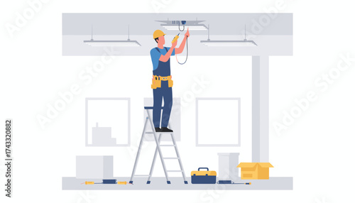 Professional electrician installing ceiling wiring in a commercial space Maintenance and service