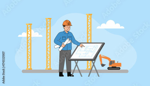 Architect or engineer reviewing blueprints at a construction site overseeing project development