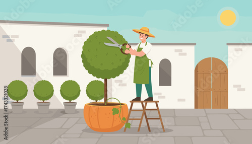Smiling gardener shaping a topiary tree in a sunny courtyard Hobby plant care outdoor work