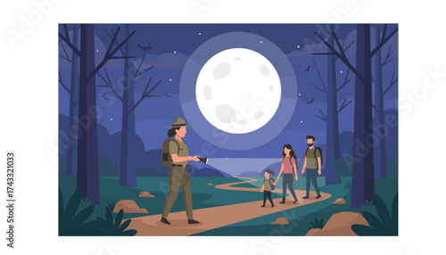 Park ranger guides a family on a peaceful night walk through a moonlit forest discovering nature
