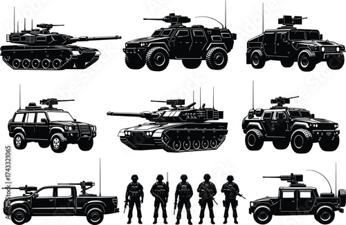 Military vehicle silhouette set, tank, Humvee, armored truck, tactical SUV, soldier with rifle, war gear, combat equipment, black vector illustration
