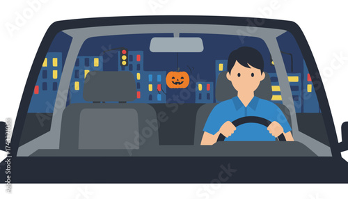 Man driving car at night with Halloween pumpkin ornament Urban travel city life holiday decor