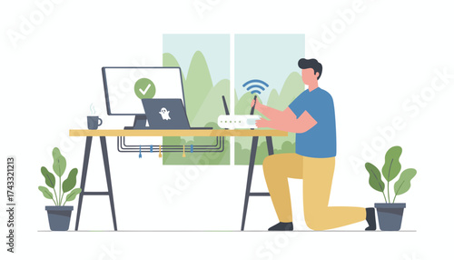Man setting up WiFi router for home internet remote work and digital connectivity