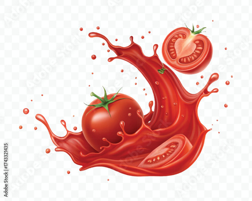 abstract 3d red tomato juice or ketchup sauce splashes in different style isolated on transparent background	