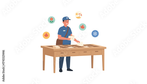 Smiling mail carrier sorts letters at a post office desk representing yearround postal service