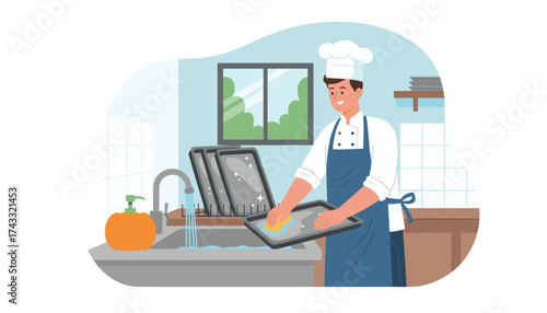 Happy chef cleaning baking sheets in a commercial kitchen sink Food service hygiene concept