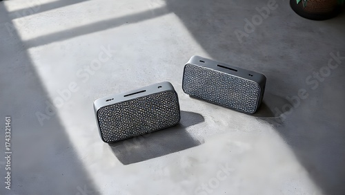 Two sleek Bluetooth speakers rest on a sunlit concrete floor—minimalist design meets modern audio vibes.
