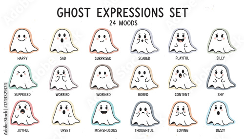 Cute cartoon ghost expressions set showing 24 different moods perfect for design and educational use