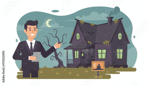 Real estate agent presents spooky haunted house for sale on a mysterious Halloween night