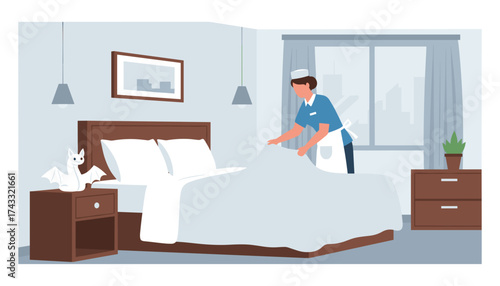Hotel housekeeper making a bed in a modern room highlighting hospitality and service