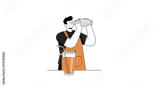 Smiling bartender shaking a cocktail preparing a refreshing drink for customers