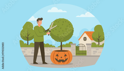 Man trims topiary plant in a pumpkin pot outside home Home gardening autumn decoration hobby