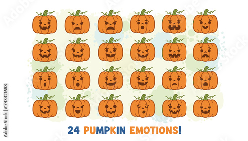 Vector illustration of 24 cute Halloween pumpkin faces displaying various emotions Seasonal design resource