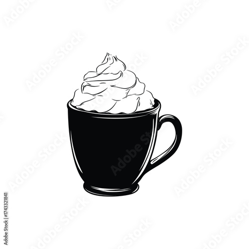 Hand drawn sketch of a steaming coffee mug topped with whipped cream on a white background