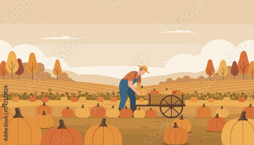 Farmer harvesting pumpkins in an autumn field loading cart Perfect for fall agriculture and traditions