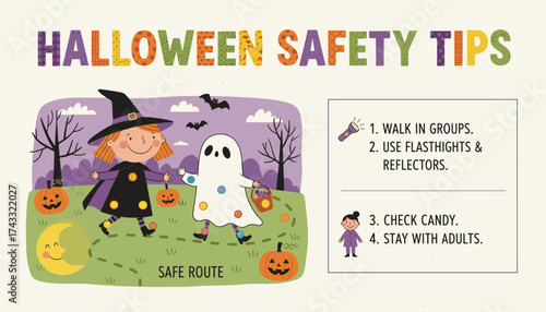 Happy children trickortreating safely on Halloween night following important safety tips