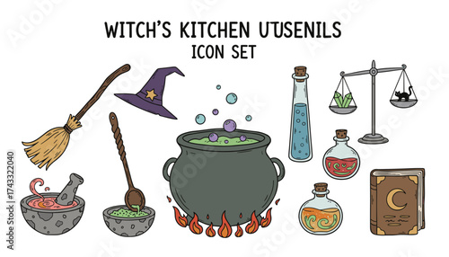 Colorful icon set of witchs kitchen utensils for Halloween magic and fantasy themes