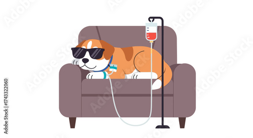 Cool dog in sunglasses getting an IV drip while relaxing on an armchair indoors illustration